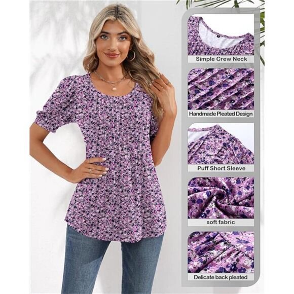 Women's Puff Sleeve Tunic Top - Pleated Casual Blouse For Summer